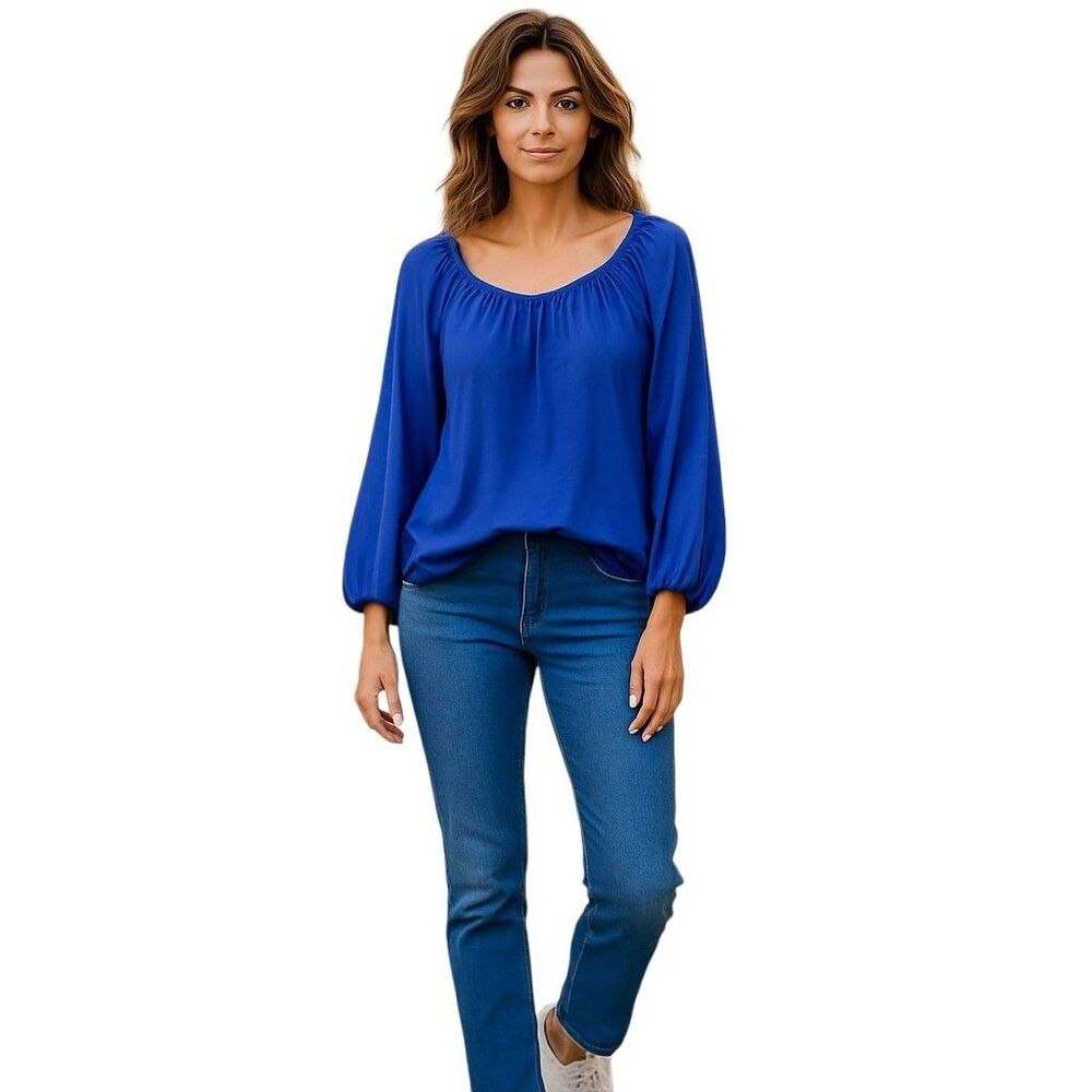 Sami & Jo Womens Sz L Blue Solid Long Sleeve Blouse